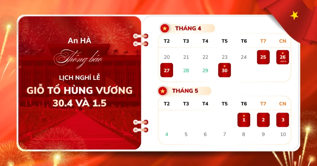Thông báo nghỉ lễ Giỗ Tổ Hùng Vương và 30/4, 1/5/2026