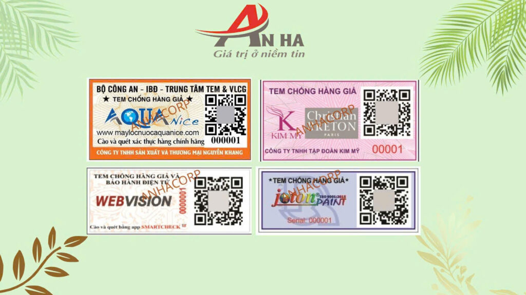 Minh họa mẫu tem do An Hà phát hành tem chống gải kết hợp qr code biến đổi phủ cào chống giả trên từng sản phẩm