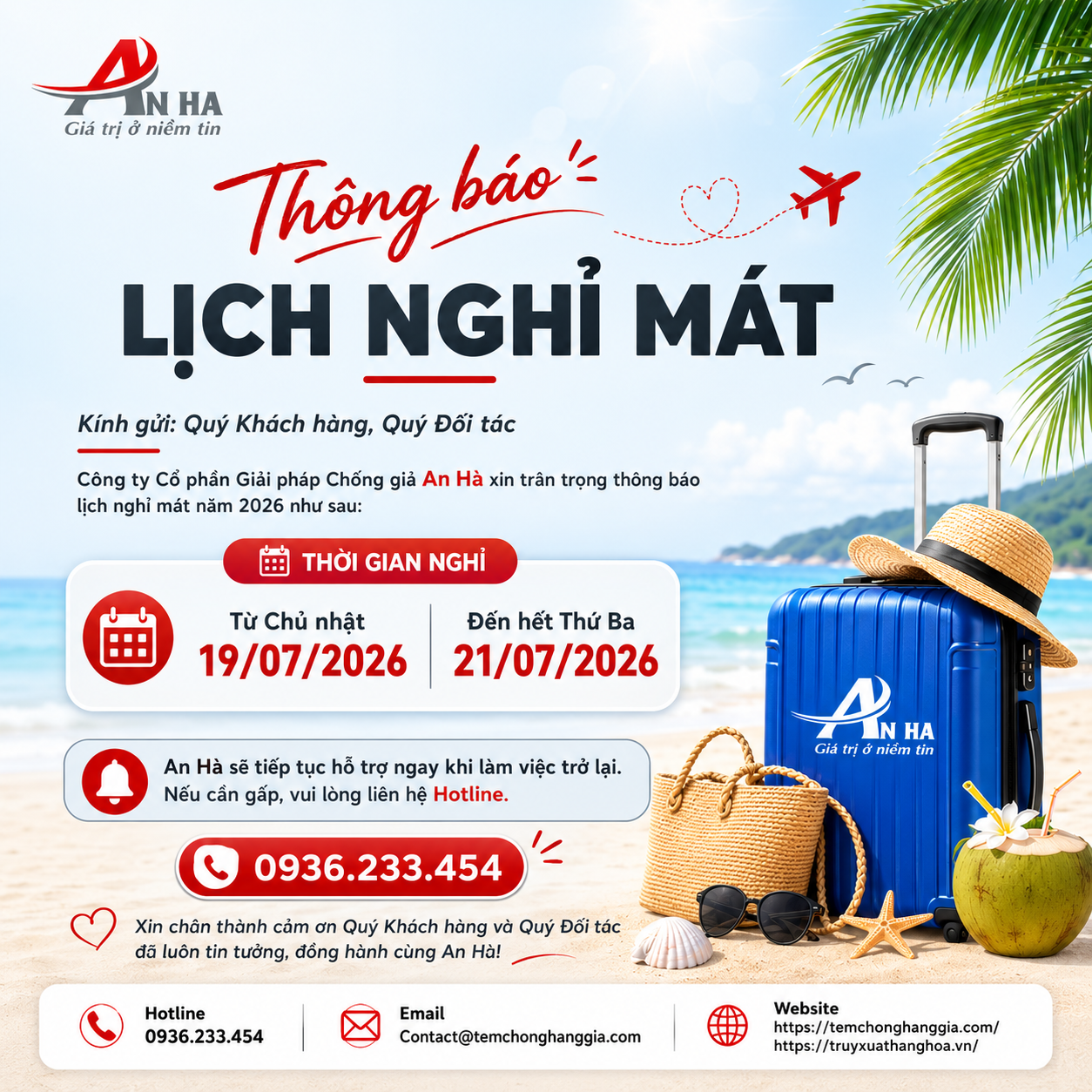 An Hà thông báo lịch nghỉ mát 2026