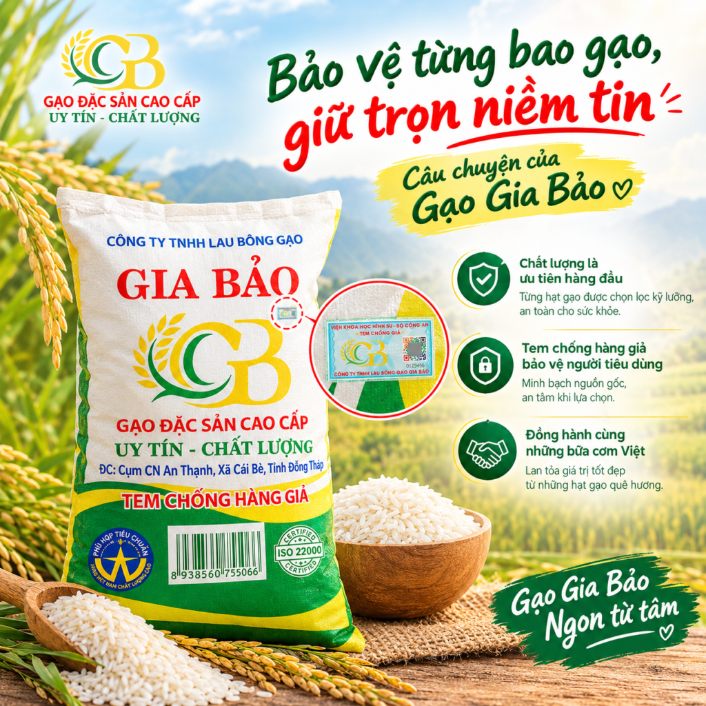 Gạo Gia Bảo triển khai giải pháp tem chống giả kết hợp công nghệ QR Code, góp phần bảo vệ sản phẩm và củng cố niềm tin với người tiêu dùng.