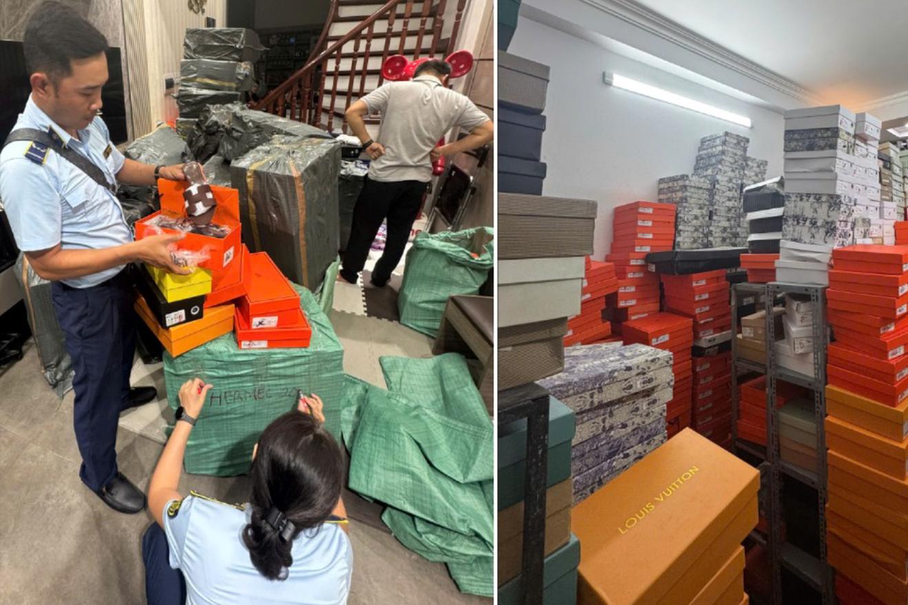 Lực lượng chức năng phát hiện 5.779 sản phẩm giày dép mang các nhãn hiệu Hermes, Dior, Adidas, Zara, Louis Vuitton, Saint Laurent (YSL), Chanel, Prada, Gucci, MLB và Valentino, có dấu hiệu giả mạo nhãn hiệu đang được bảo hộ tại Việt Nam. Ảnh: DMS